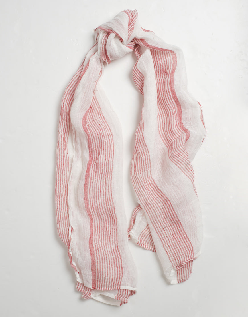 100% Linen Shawl - Red Stripe and White