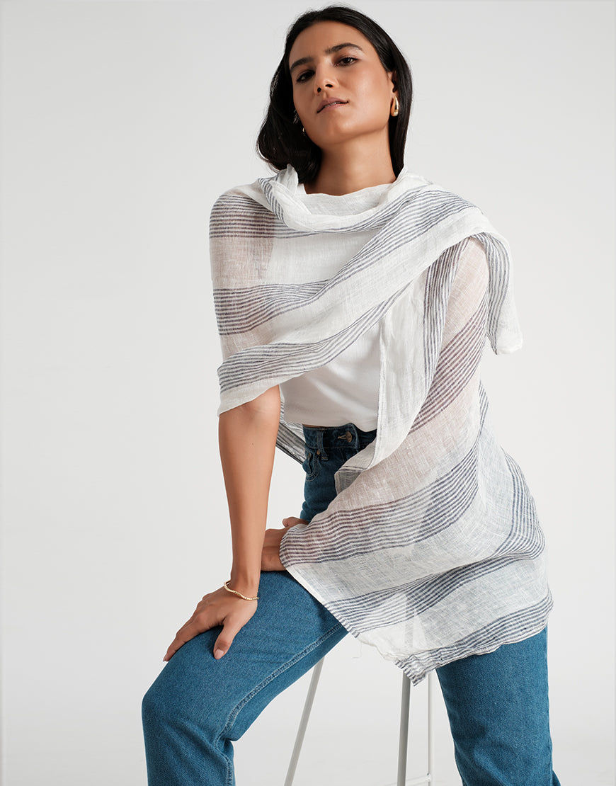 100% Linen Shawl - White &amp; Grey Stripe