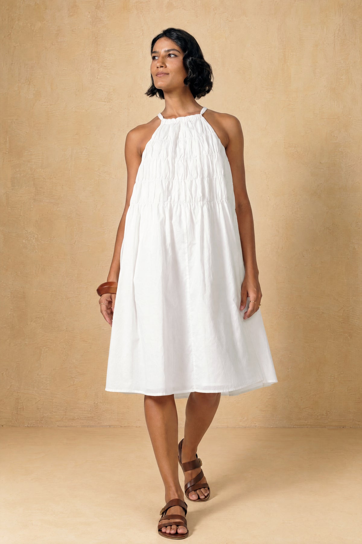 Mira White Halter Neck Shirred Dress