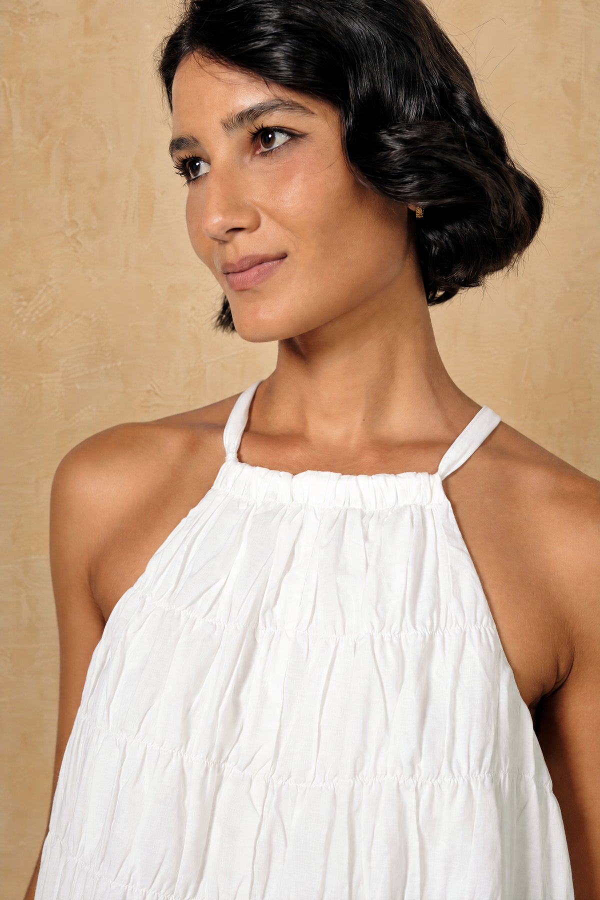 Mira White Halter Neck Shirred Dress