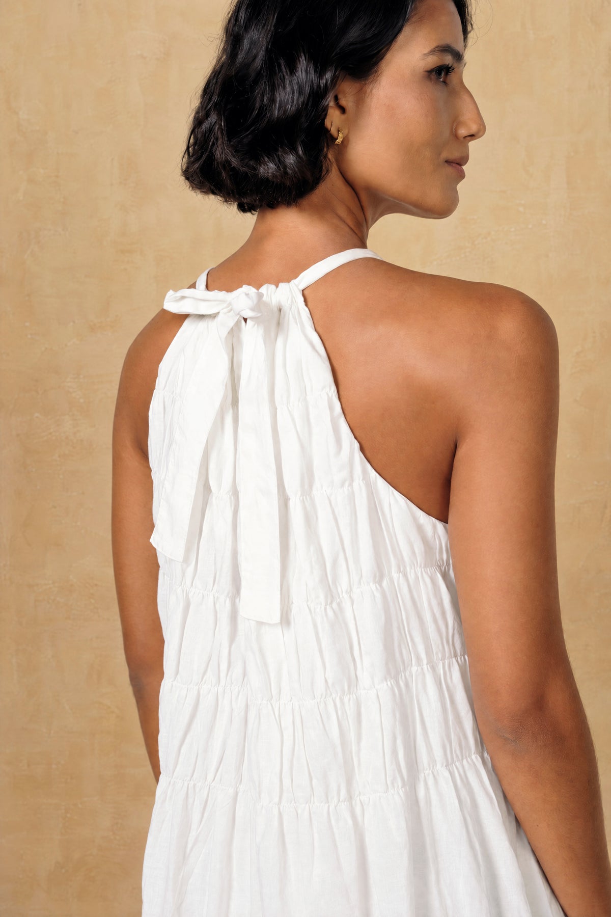 Mira White Halter Neck Shirred Dress
