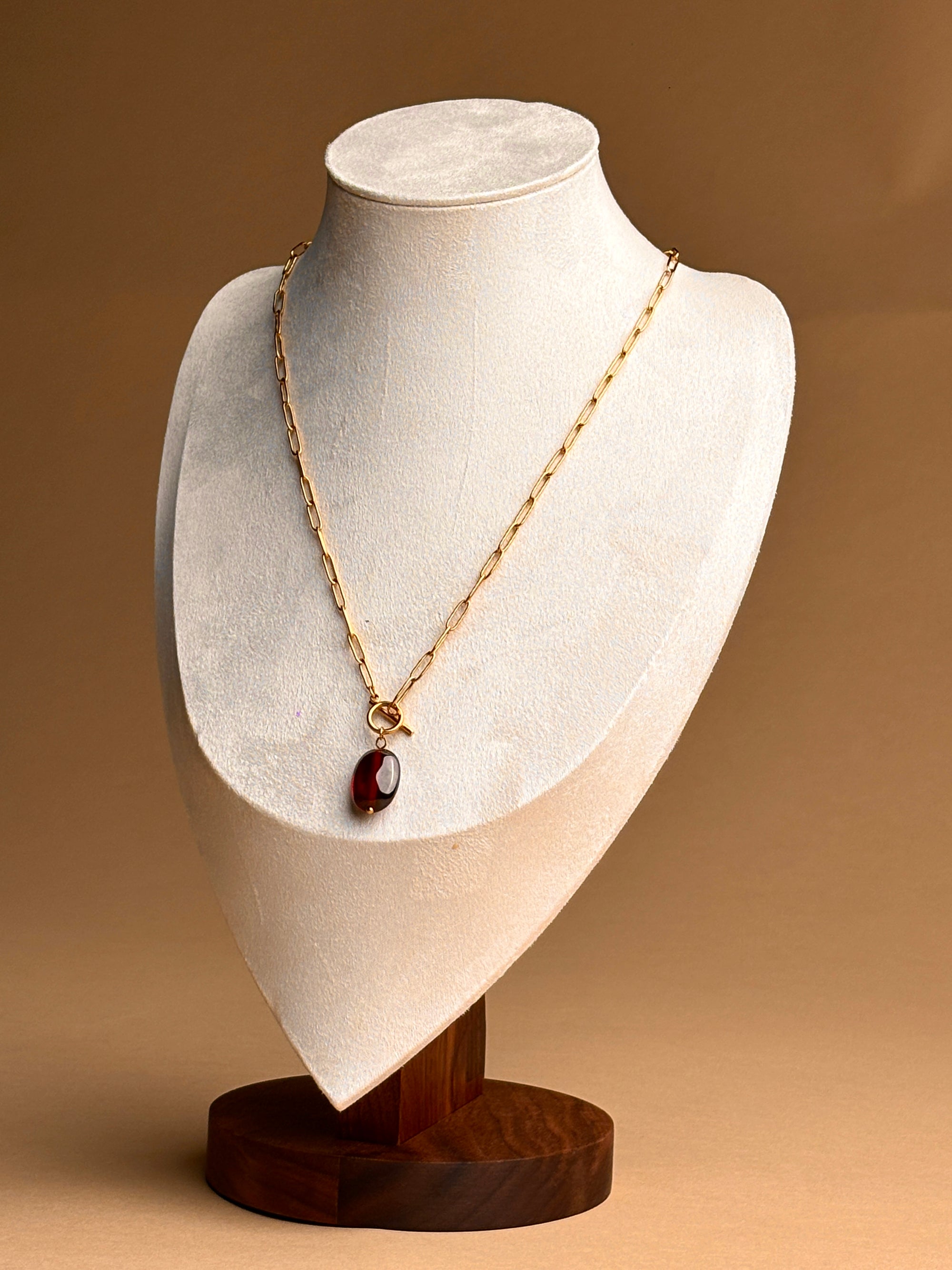 T-bar Gold Necklace with Burgundy Drop Stone