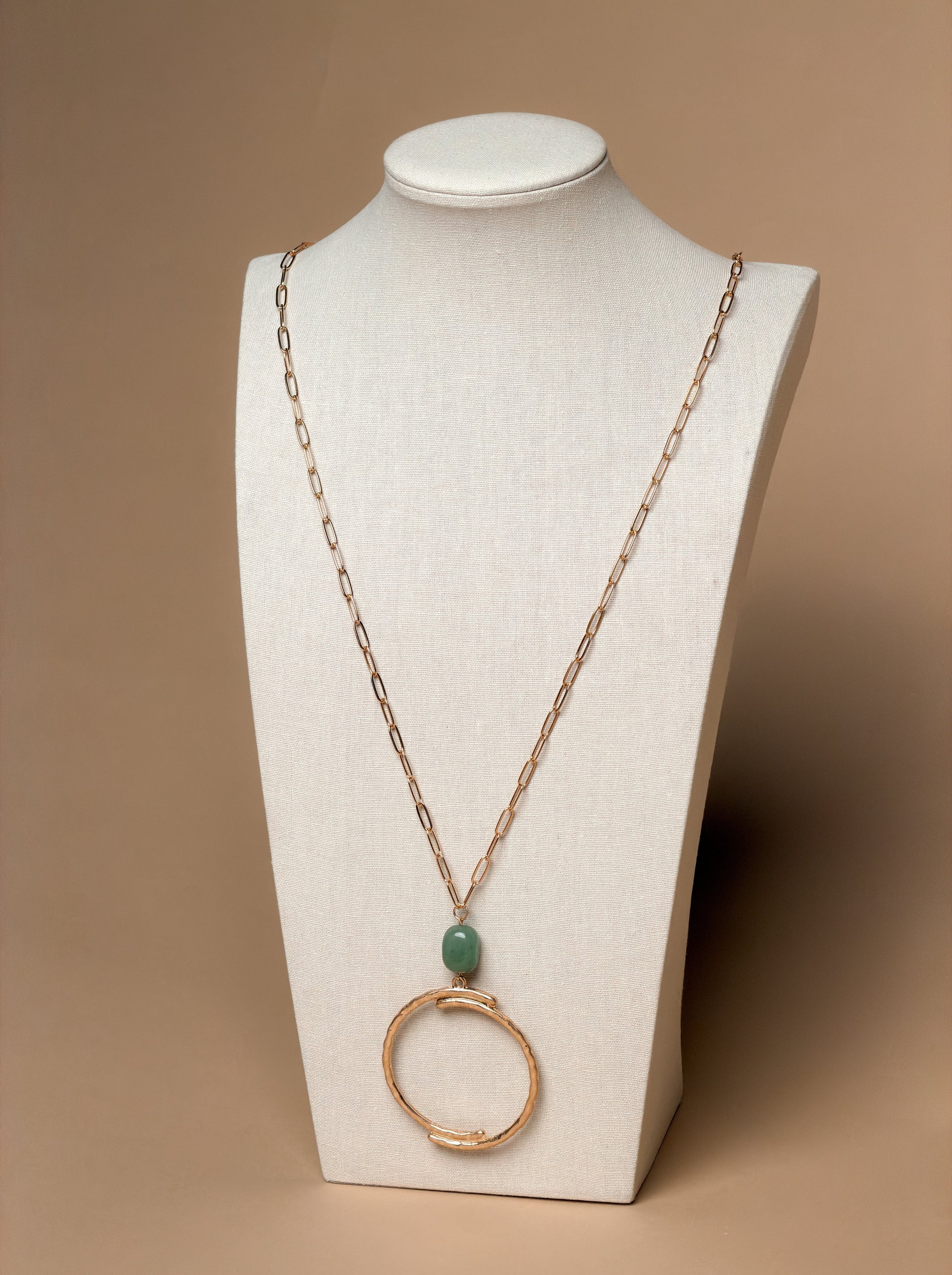 Long Necklace With Emerald Resin and Metal Pendant in Brushed Gold Tone
