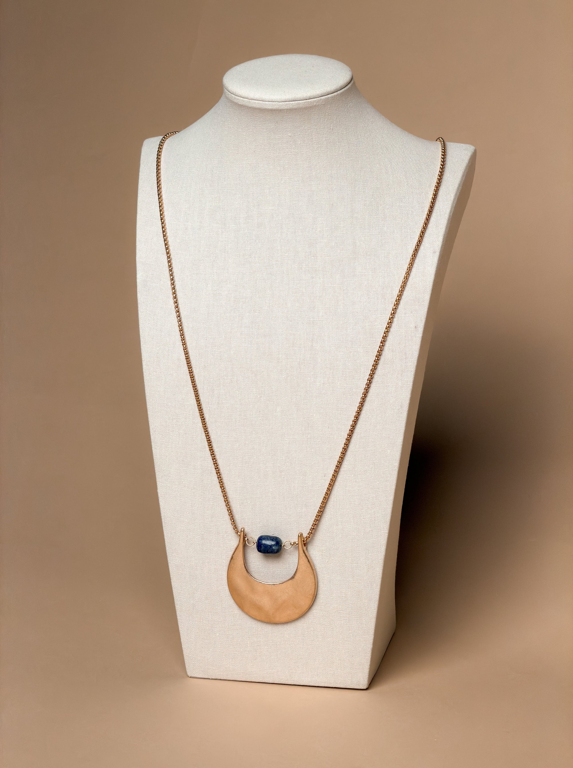 Brushed Gold Vintage Circle Pendant Long Chain Necklace